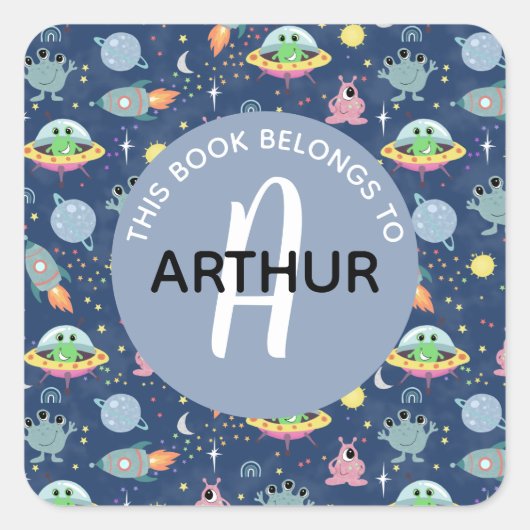 Boys Space Alien Pattern en Name Kinder Bookplate Vierkante Sticker (Voorkant)