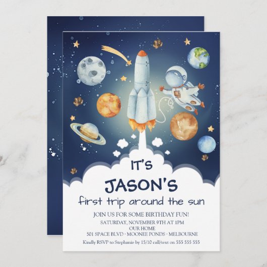 Boys Space First Trip omheen Sun Birthday Kaart (Voorkant / Achterkant)