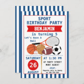 Boys Sports Birthday Party Invitation Kaart (Voorkant / Achterkant)