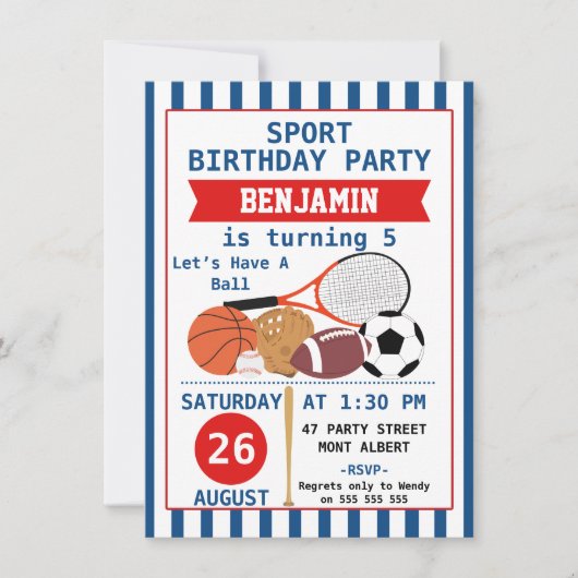 Boys Sports Birthday Party Invitation Kaart (Voorkant)