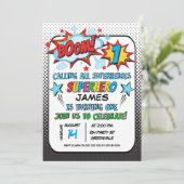 Boys Superheld 1e verjaardag Uitnodiging (Staand voorkant)