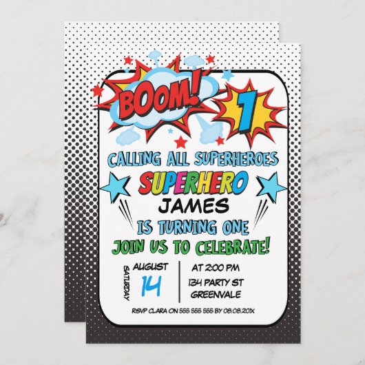 Boys Superheld 1e verjaardag Uitnodiging (Voorkant / Achterkant)