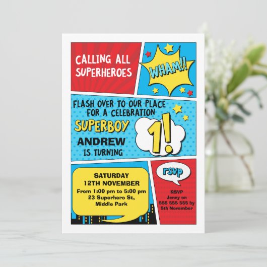 Boys Superheld 1e verjaardag Uitnodiging (Staand voorkant)