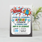 Boys Superheld 4th Birthday Invitation Kaart (Staand voorkant)