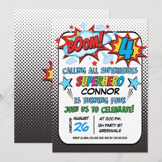 Boys Superheld 4th Birthday Invitation Kaart (Voorkant / Achterkant)
