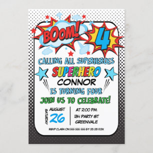 Boys Superheld 4th Birthday Invitation Kaart