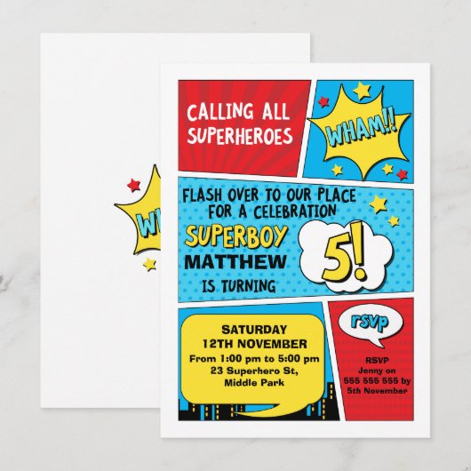 Boys Superheld 5th Birthday Uitnodiging (Voorkant / Achterkant)