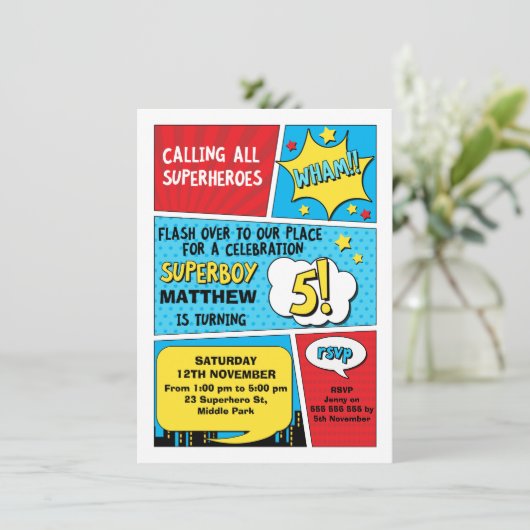 Boys Superheld 5th Birthday Uitnodiging (Staand voorkant)