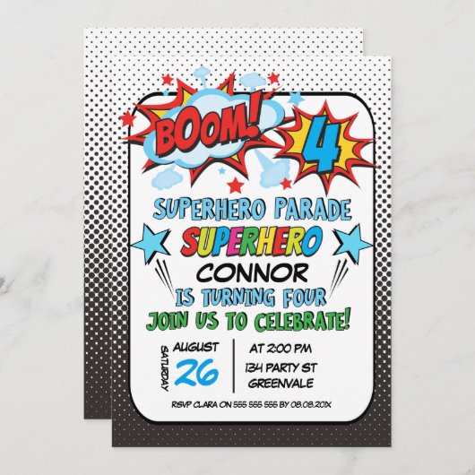 Boys Superheld Parade 4e verjaardag Kaart (Voorkant / Achterkant)