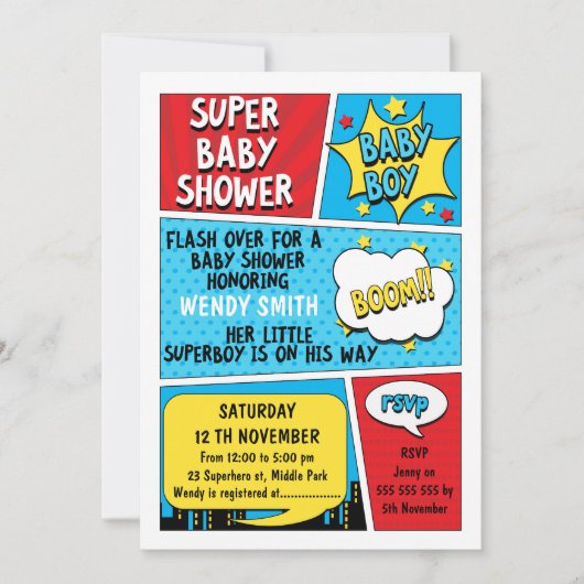 Boys Superhero Baby shower Invitation Kaart (Voorkant)