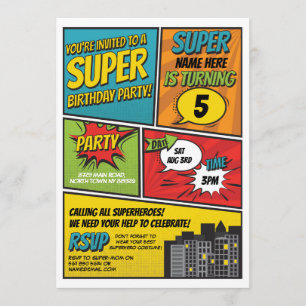 Boy's Superhero Invitation Party Blauw Rood Stripv Kaart