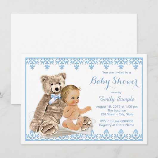 Boys Teddy Bear Baby shower Kaart (Voorkant / Achterkant)