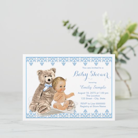 Boys Teddy Bear Baby shower Kaart (Staand voorkant)