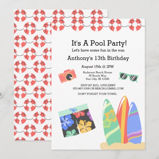 Boys Teen Pool Party Birthday Uitnodiging (Voorkant / Achterkant)