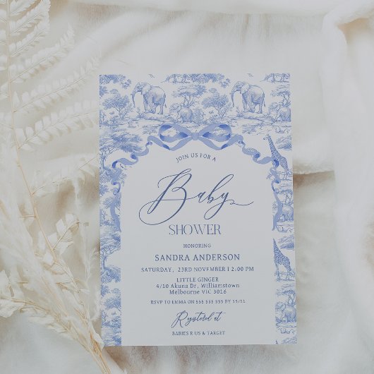 Boys Toile De Jouy Blue Baby Shower Invitation Kaart