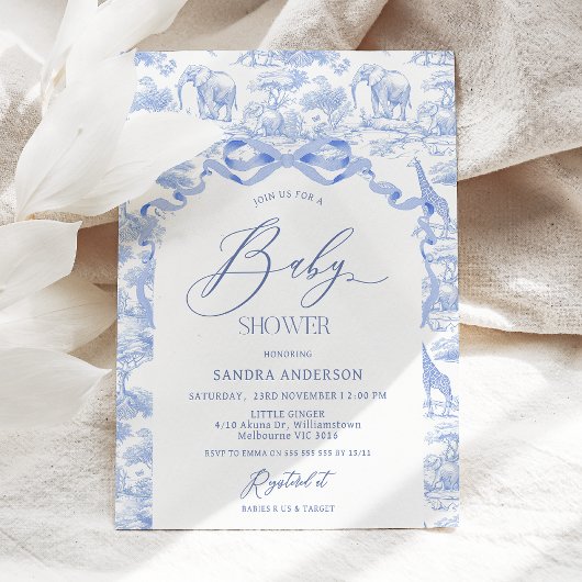 Boys Toile De Jouy Blue Baby Shower Invitation Kaart