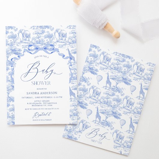 Boys Toile De Jouy Blue Baby Shower Invitation Kaart