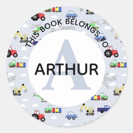 Boys Tractor Train Airplane and Name Bookplate Ronde Sticker (Voorkant)