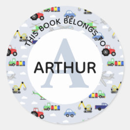 Boys Tractor Train Airplane and Name Bookplate Ronde Sticker