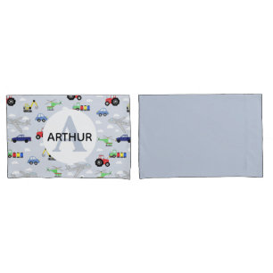 Boys Transport Pattern Monogram Auto Name Kinder Kussensloop