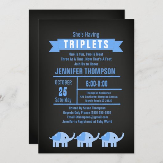 Boys Triplet Elephant Baby shower Chalkboard Kaart (Voorkant / Achterkant)