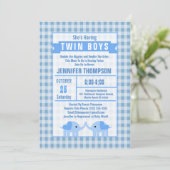 Boys Twin Elephant Baby shower Blue Gingham Kaart (Staand voorkant)