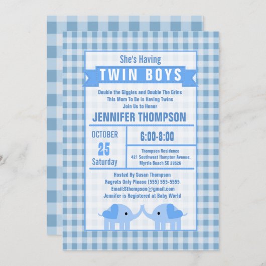 Boys Twin Elephant Baby shower Blue Gingham Kaart (Voorkant / Achterkant)