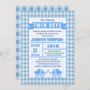 Boys Twin Elephant Baby shower Blue Gingham Kaart
