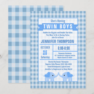 Boys Twin Elephant Baby shower Blue Gingham Kaart