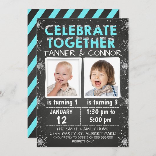 Boys Twins of Joint Winter Birthday Invitation Kaart (Voorkant / Achterkant)