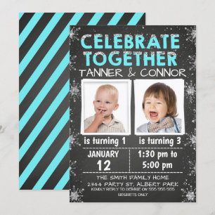 Boys Twins of Joint Winter Birthday Invitation Kaart