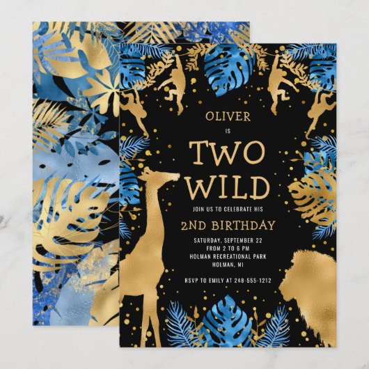 Boys Two Wild 2e verjaardag Blue Black Safari Kaart (Voorkant / Achterkant)