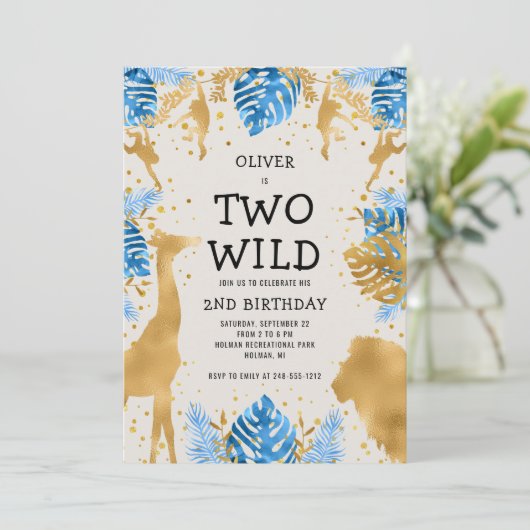 Boys Two Wild 2e verjaardag Blue Ecru Safari Kaart (Staand voorkant)