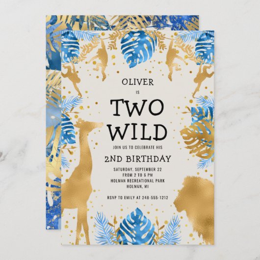 Boys Two Wild 2e verjaardag Blue Ecru Safari Kaart (Voorkant / Achterkant)