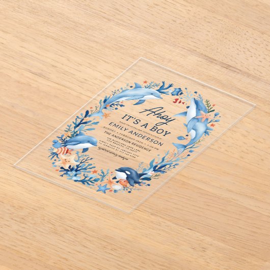Boy's Under the Zee Blue Baby shower Acryl Uitnodigingen (Laagn)