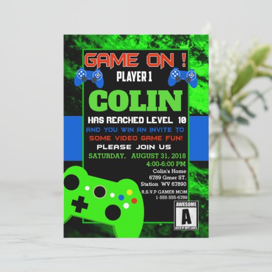 Boys Video Game Birthday Party Uitnodiging (Staand voorkant)