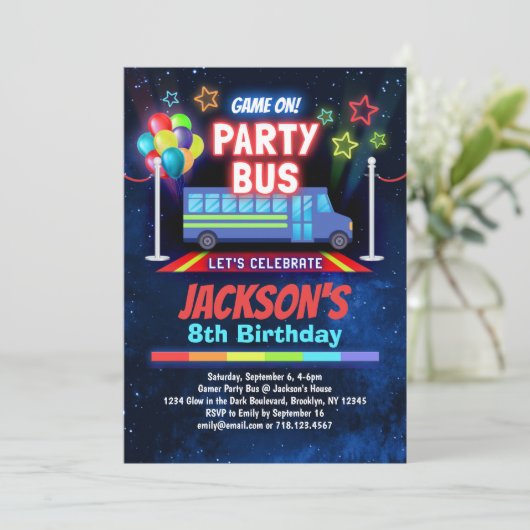 Boys Video Game Party Bus Uitnodiging (Staand voorkant)