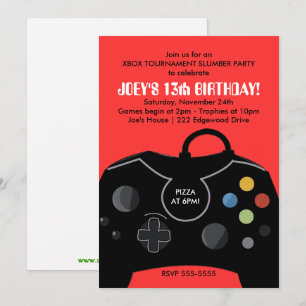 BOYS VIDEO GAME SLUMBER PARTIJ INVITE RED KAART