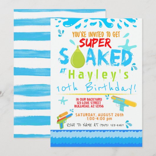 Boys Water Pistool Waterballon Zwemfeest Kaart (Voorkant / Achterkant)