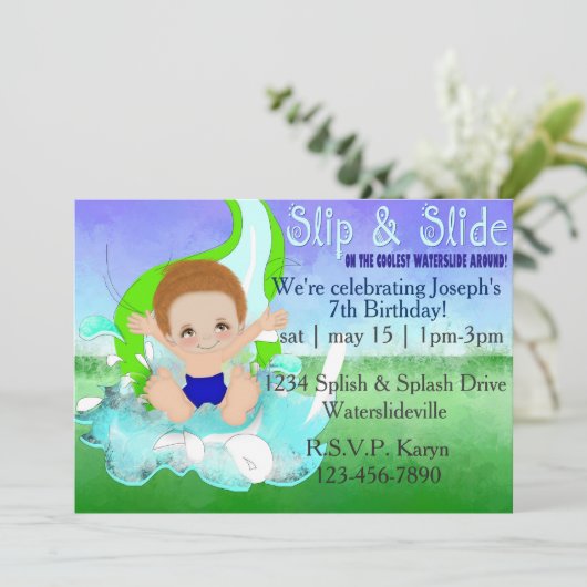 Boys Waterslide Party Invitation Kaart (Staand voorkant)