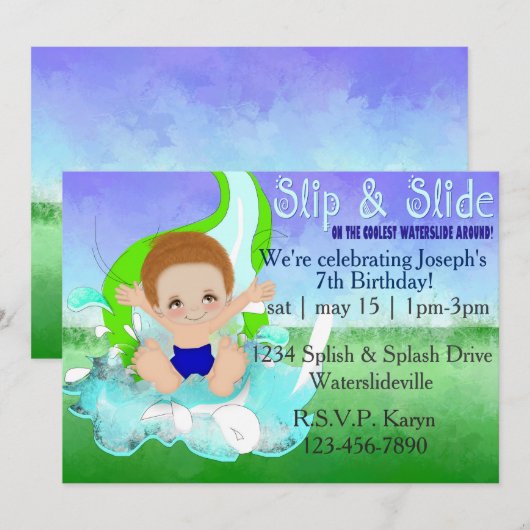 Boys Waterslide Party Invitation Kaart (Voorkant / Achterkant)
