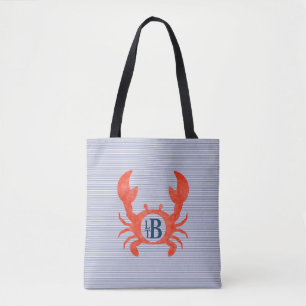 Boys Waterverf Crab Monogram Circlel Tote Bag