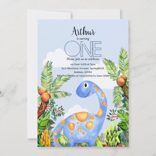 Boys Waterverf Dinosaur 1e verjaardag Uitnodiging (Voorkant)