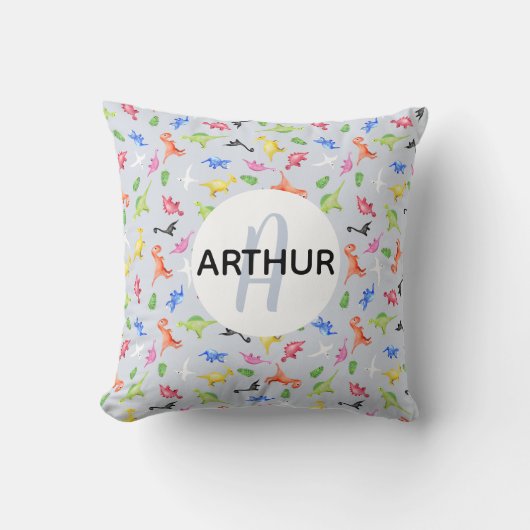 Boys Waterverf Dinosaur Monogram en naam Kinderen Kussen (Voorkant)