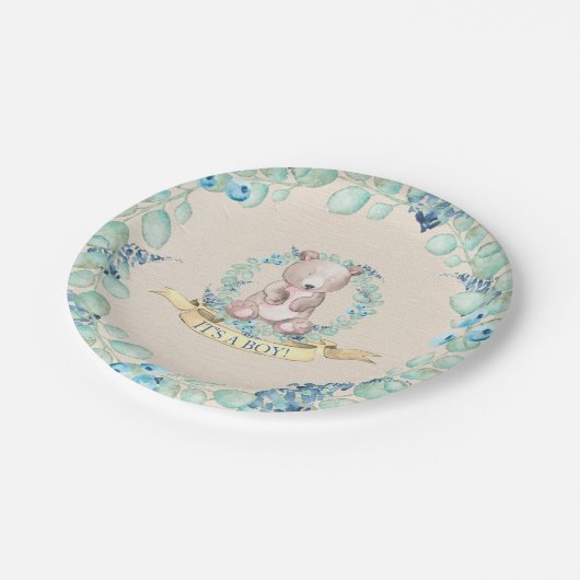 Boys Waterverf Floral Baby Baby shower Papieren Bordje (Gekanteld)