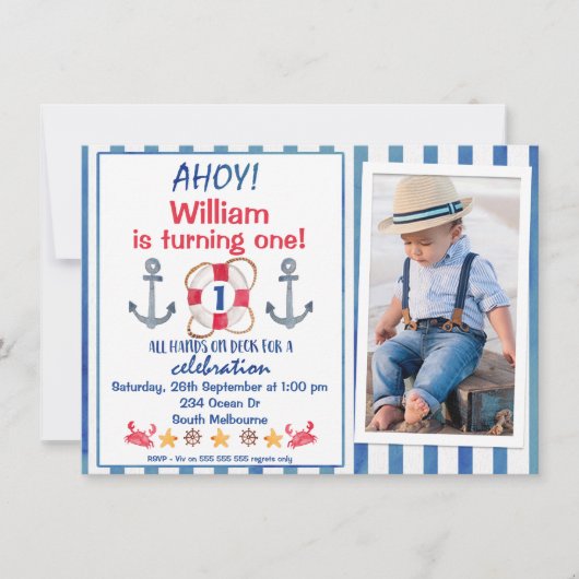 Boys Waterverf Nautical Birthday Party Invitation Kaart (Voorkant)