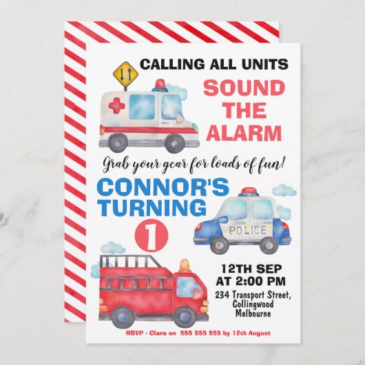 Boys Waterverf Transport 1e verjaardag Uitnodiging (Voorkant / Achterkant)