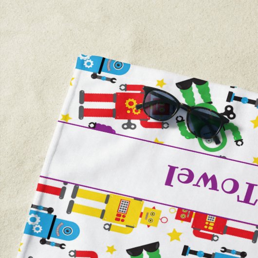 Boys White Sci Fi Robots en Aliens Print Strandlaken (In situ)