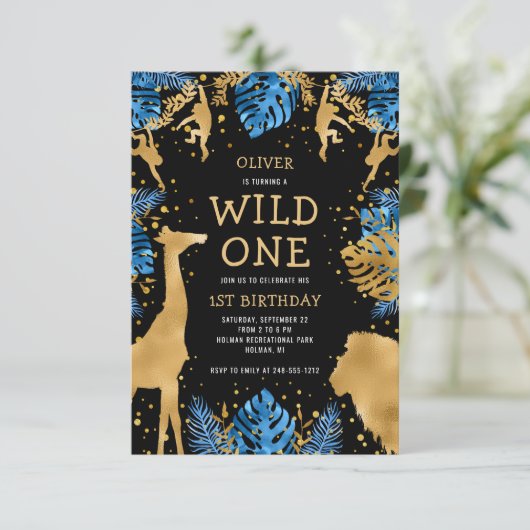 Boys Wild One 1e verjaardag Blue Black Safari Kaart (Staand voorkant)