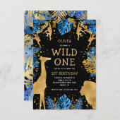 Boys Wild One 1e verjaardag Blue Black Safari Kaart (Voorkant / Achterkant)